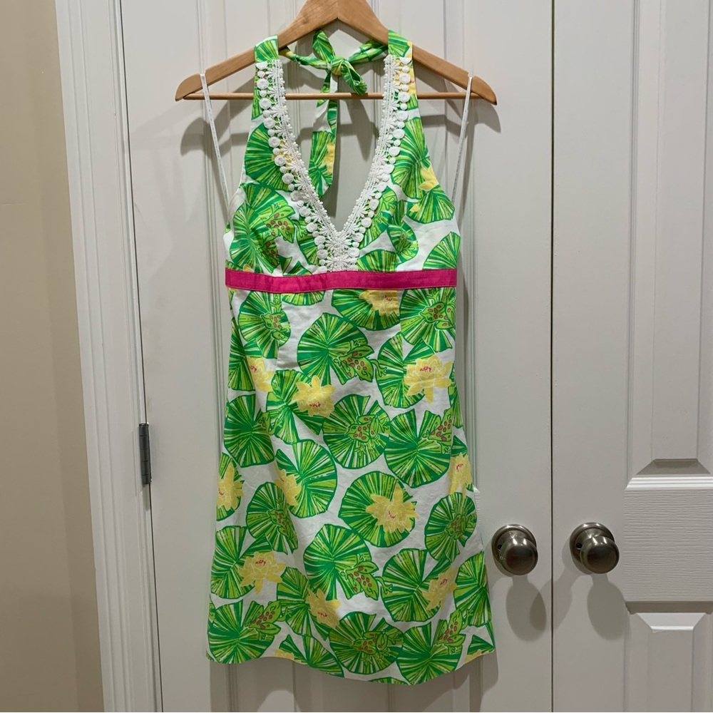 Lilly Pulitzer Cocoa Hip Hop Hooray Tropical Frog Lilypad Halter Dress 2